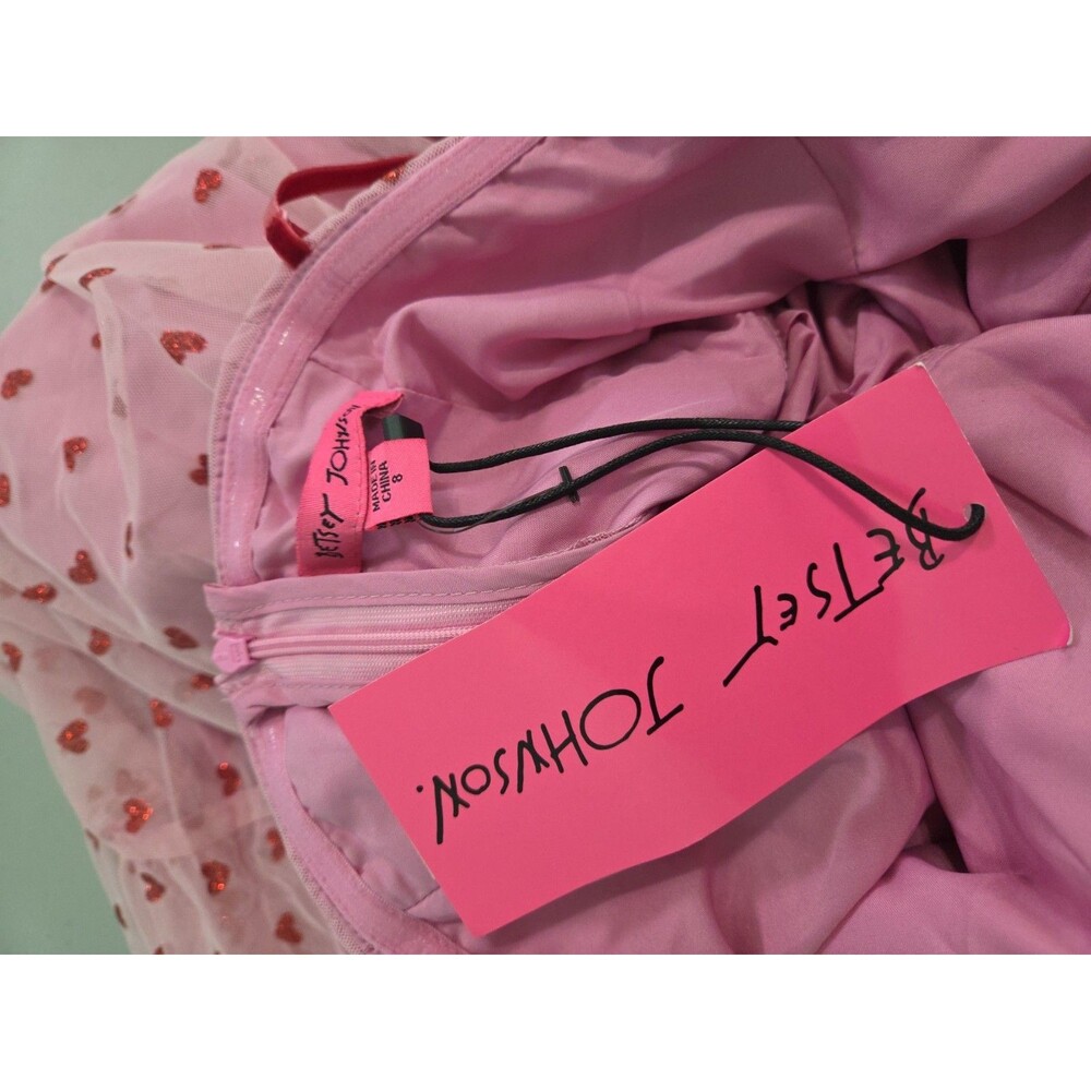 Betsey Johnson Dress Pink 8 NWT Red Glitter Heart Tulle Mesh Midi - Picture 5 of 5